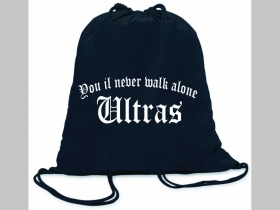 Ultras - You il never walk alone - ľahké sťahovacie vrecko ( batôžtek / vak ) s čiernou šnúrkou, 100% bavlna 100 g/m2, rozmery cca. 37 x 41 cm